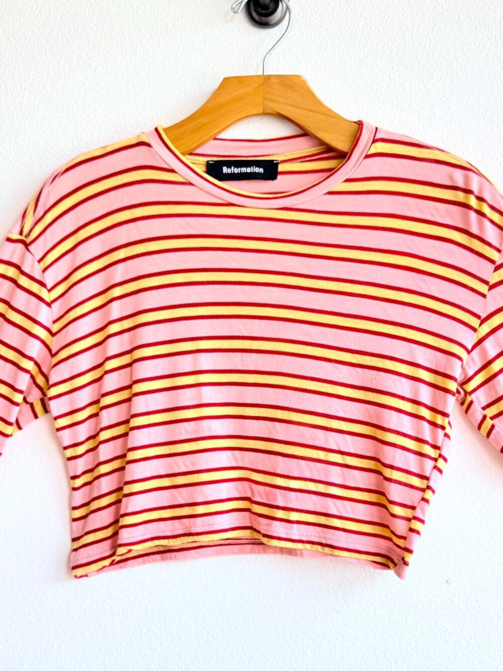 Reformation Striped Crop Top XS y2k Long Sleeve Coral Pink Yellow